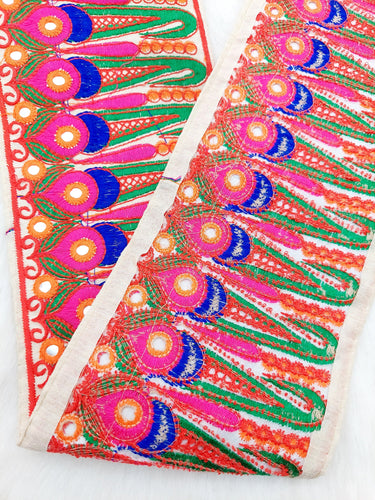 Off White Art Silk Fabric Trim, Paisley Embroidered Trim, Foil Mirror Embroidery